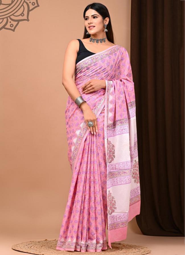 Cotton Baby Pink Daily Wear Printed Saree